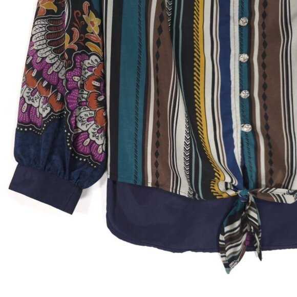 FIGUEROA & Flower Women's MEDIUM Green Pink Floral Blouse Shirt Top Boho Striped - Picture 7 of 10